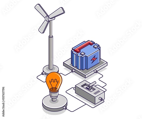 Flat isometric concept illustration. Windmill electric energy storage battery