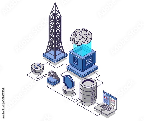 Flat isometric concept illustration. Internet network radar tower and data server