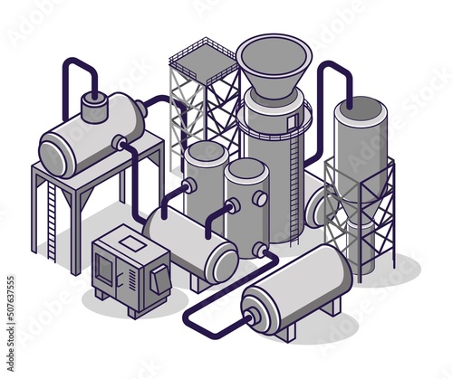 Flat isometric concept illustration. industrial gas cylinders and pipelines