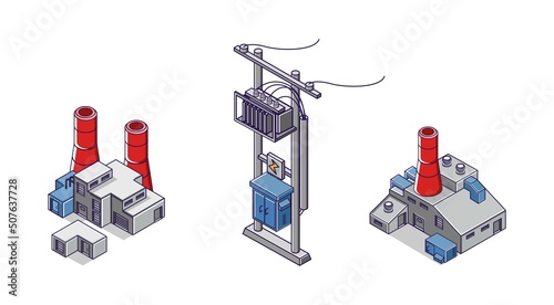Flat isometric concept illustration. bundle set of electric poles and factory industry icons