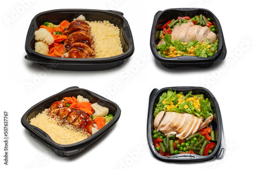 Ready food in a container. Stewed chicken in teriyaki sauce, stewed carrot, cabbage and porridge.
