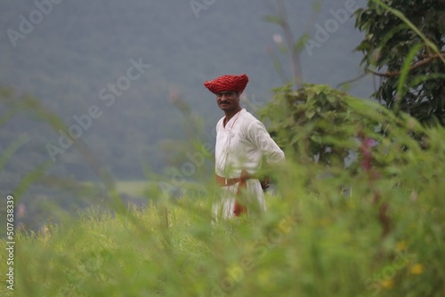 Maratha Dress In Red Turbans.  Maharashtra Culture photo