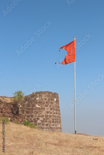 Maratha Flag and Historical Fort Area. Maharashtra
