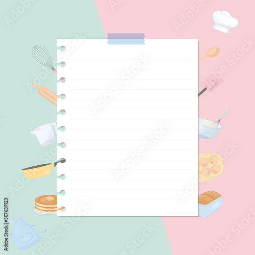 Paper note with kitchen tools and bakery ingredient