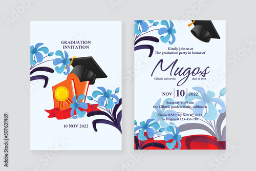 Floral and school tools watercolor ornament graduation invitation with double side 