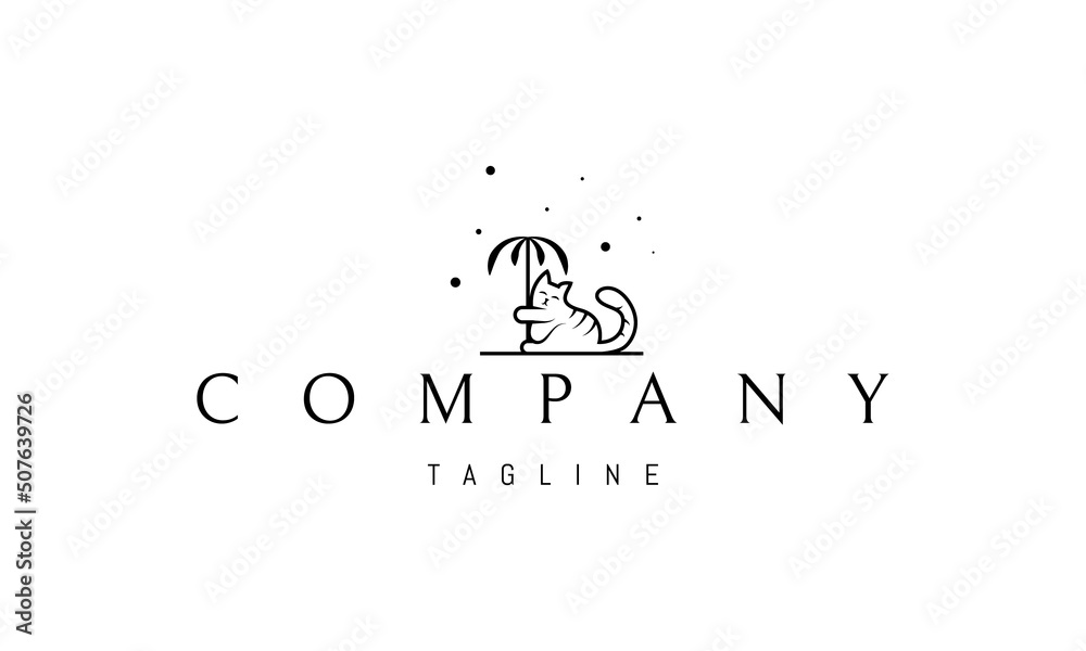 Vector logo on which an abstract image of a funny sleepy cat under a palm tree.