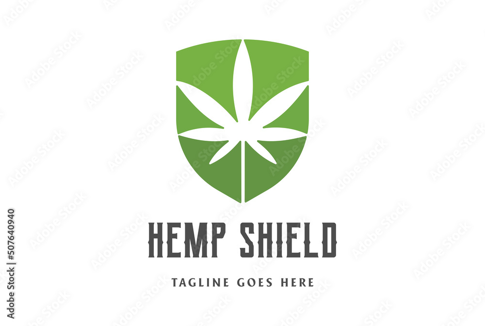 Fototapeta premium Cannabis Pot Leaf Hemp in Shield Shape Logo Design Vector