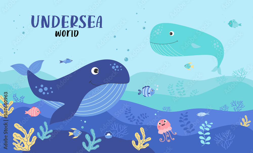 Cute blue whale, fish, jellyfish and corals. Horizontal tropical poster with a landscape of the underwater world and sea animals, underwater day. World Ocean Day. Vector illustration Cute blue whale, fish, jellyfish and corals. Horizontal tropical poster with a landscape of the underwater world and sea animals, underwater day. World Ocean Day. Vector illustration