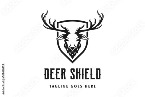 Deer Stag Buck Reindeer Elk Antler Wall and Shield for Protect Hunting Logo Design Vector