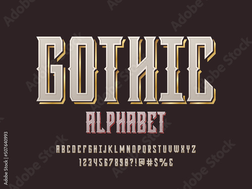 Modern Gothic style alphabet design with uppercase, numbers and symbols