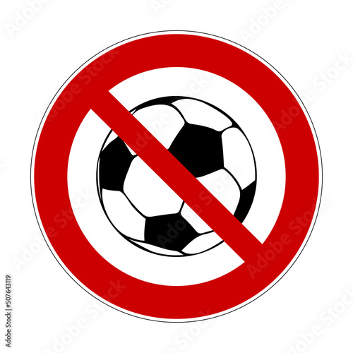 Do not play football. Vector illustration of red crossed out circle sign with ball icon inside. Soccer ban prohibition symbol isolated on white background. No ball games in this area.