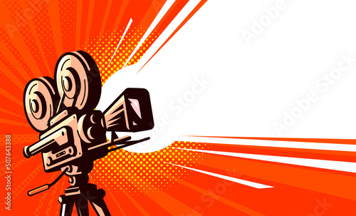 Movie camera with light beam. Video projector, cinema poster background. Vector illustration