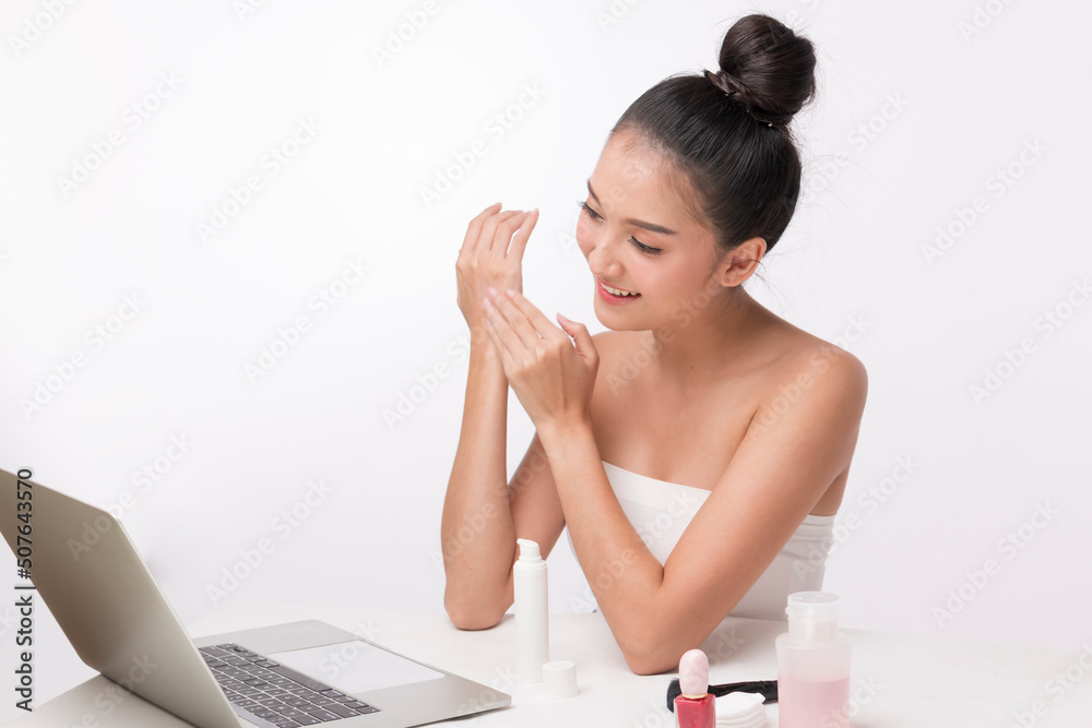 Young female doing make up online. Beautiful young woman close up face with clean skin isolated on white. Young Beautiful Asian Woman with Clean Fresh Skin on white background. Young female doing make up online. Beautiful young woman close up face with clean skin isolated on white. Young Beautiful Asian Woman with Clean Fresh Skin on white background.