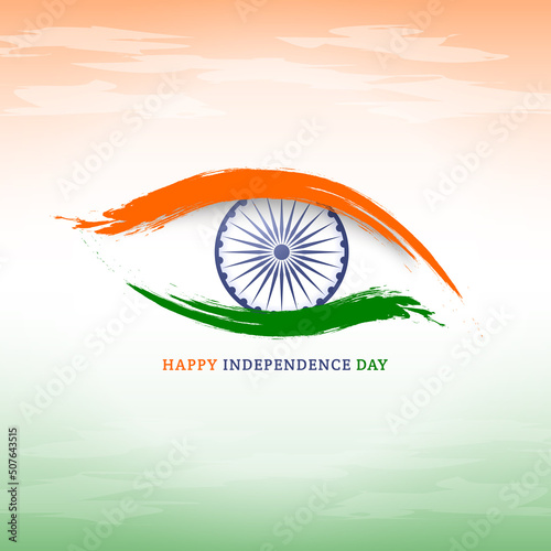 Background for Indian Independence Day with Ashoka wheel and female eye flag.