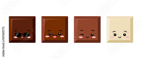 Cute square chocolate piece kids emoji character vector set. Funny yummy dark black, bitter, milky and white choco chunk with face. Kawaii cartoon style cacao sweet food morsel emoticon illustration.