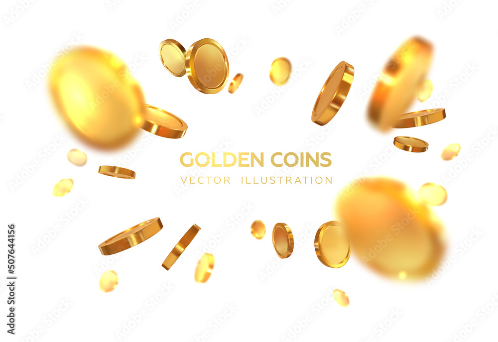 Scattering realistic, golden 3D coins. Flying isolated on white background. Vector illustration - obrazy, fototapety, plakaty 