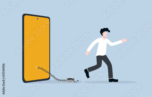 Reducing screen time for better health, balancing between virtual life and social life for wellbeing, overcoming social media addiction concept. Man stepping out of mobile phone after unlocking chain.