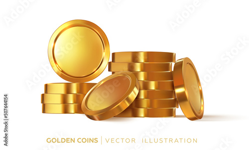Coins, heaps of treasures. Stack of golden 3d coins. Golden shiny wealth. Vector graphics