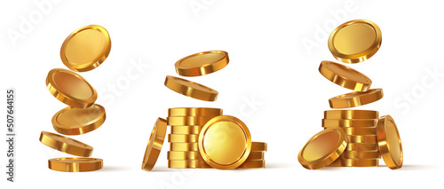 Stacks of gold coins. Isolated on background. Falling treasures. Accumulation of gold. Vector graphics