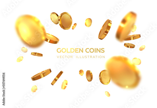 Scattering realistic, golden 3D coins. Flying isolated on white background. Vector illustration