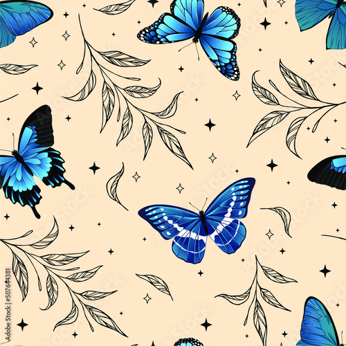 Magic seamless pattern with butterflies and crescents. Trendy texture for print  textile  packaging.