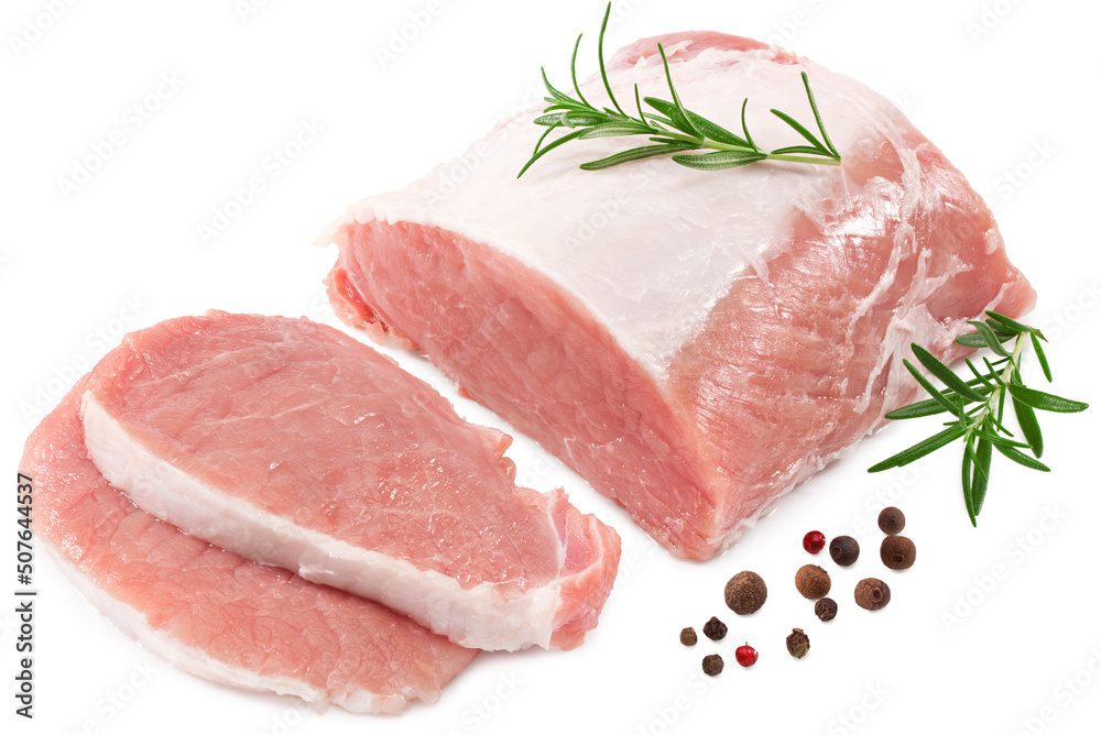 Fototapeta premium sliced raw pork meat with rosemar and peppercorn isolated on white background. Clipping path and full depth of field