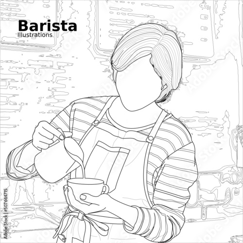 female barista working part time during summer vacation in cafe wearing apron pouring milk into a cup of coffee