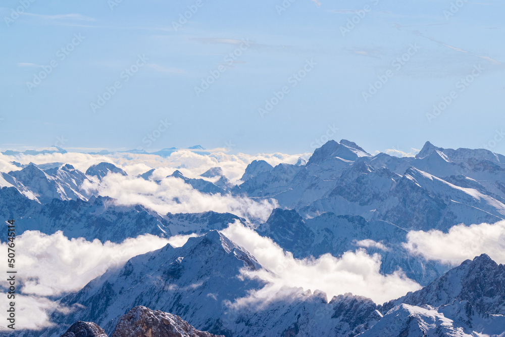 View from the Zugspitze to the surrounding mountain peaks (Tyrol, Austria/ Bavaria, Germany)
