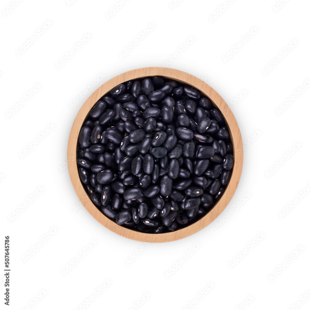 Black beans in wooden cup isolated on white background. Top view Black beans in wooden cup isolated on white background. Top view