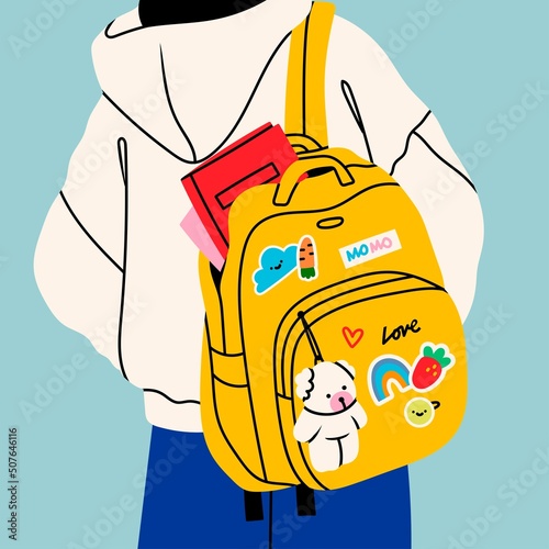 Person wearing oversized clothing standing with yellow backpack. Rear View. Backpack with books, toy and patches. Back to school, college, education, study concept. Hand drawn Vector illustration
