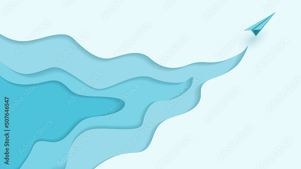 Blue paper airplane flying on blue paper art abstract background landing page Blue paper airplane flying on blue paper art abstract background landing page