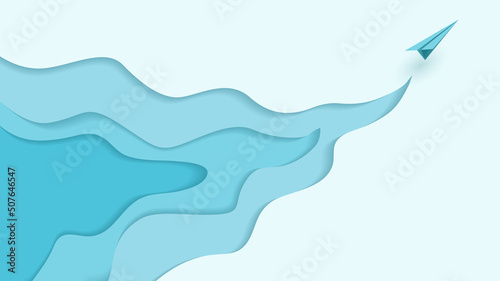 Blue paper airplane flying on blue paper art abstract background landing page 