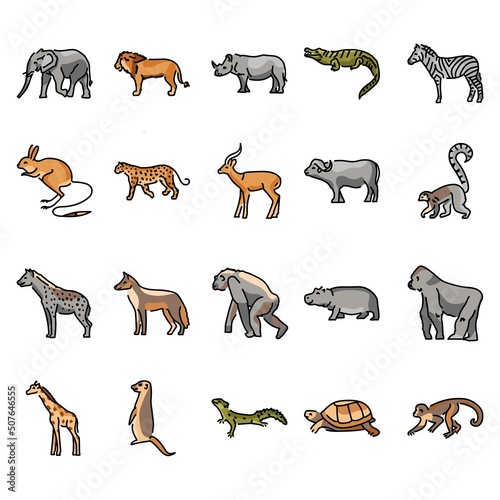 African animals color line icons set. Pictograms for web page