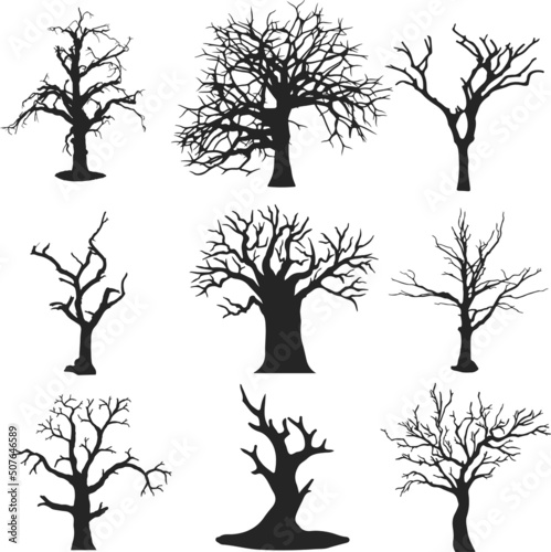 Dead tree silhouettes dying black scary trees forest illustration natural dying old tree of set 
