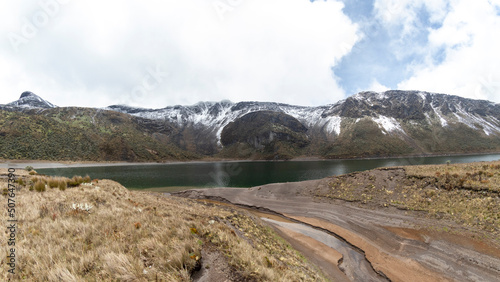 Moors, mountains, snow and lakes in the Los Nevados National Natural Park, in Manizales Caldas Colombia.