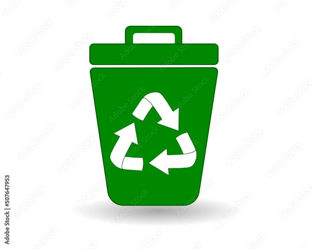 Green trash can, flat icon with recycling icon. Arrows in a circle.
Plastic tank for waste disposal and garbage sorting. Vector illustration.