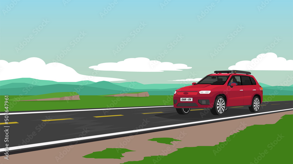 Red electric car for the family travel trip to nature. Driver came alone on the asphalt road. Road cuts across the vast plains with a complex mountainous background. Under blue sky and white clouds.