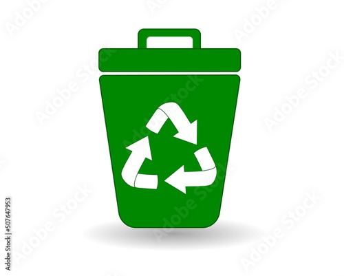 Green trash can, flat icon with recycling icon. Arrows in a circle. Plastic tank for waste disposal and garbage sorting. Vector illustration.
