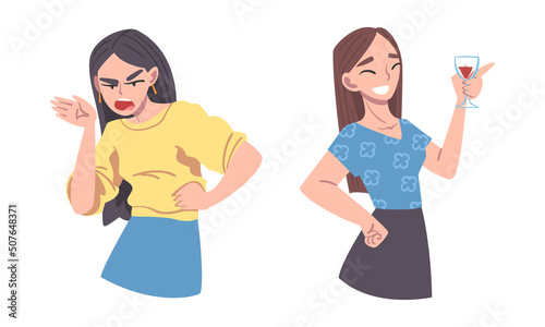 Angry Woman with Grumpy Face and Smiling with Glass of Wine Vector Set
