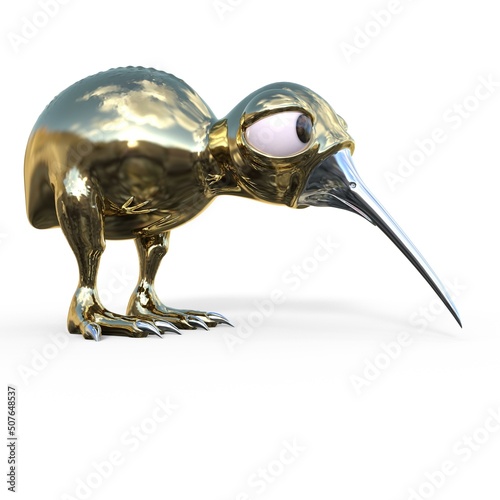 3D-illustration of a golden and funny cartoon kiwi