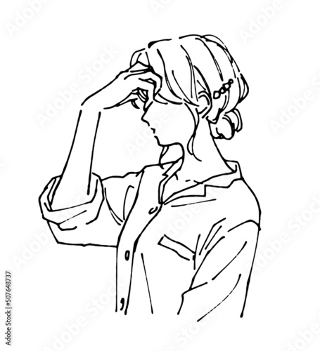 前髪をいじる若い女性のイラスト　お洒落な人物の線画イラスト　横顔