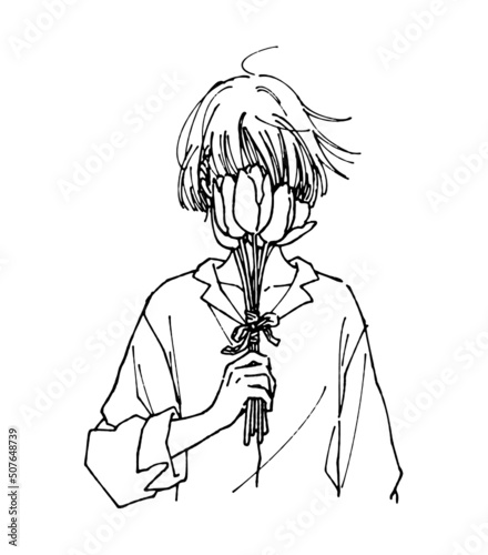 チューリップの花束を持ったショートヘアの女性のイラスト　お洒落な人物線画　風になびく髪