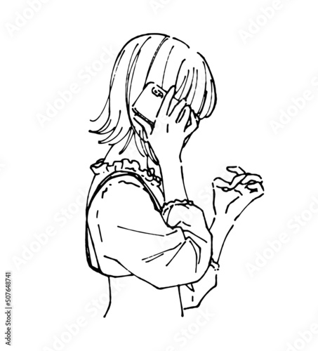 爪をいじりながらスマートフォンで通話をする若い女性のイラスト　お洒落な人物線画　電話中