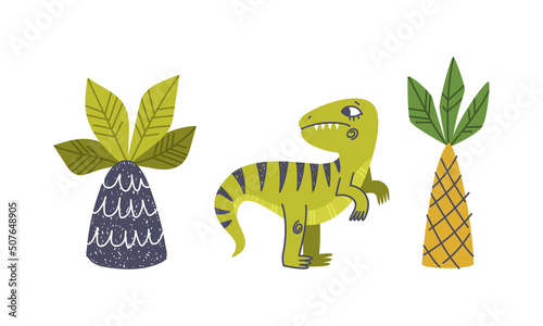 Funny Dinosaur as Cute Prehistoric Creature and Comic Jurassic Predator and Tree Vector Set