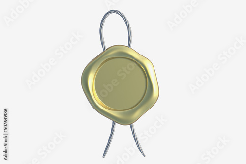 Golden seal wax stamp with rope isolated on white background. Top view. 3d render