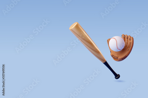 3d Vector Baseball Bat, Ball and Leather Glove, Sport and Game competition concept.