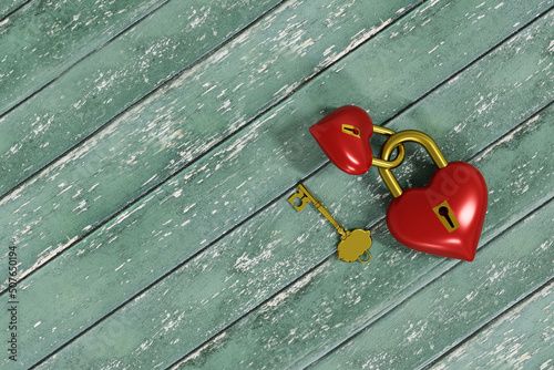 red valentine heart with a keyhole and gold key on a wood background. 3d rendering
