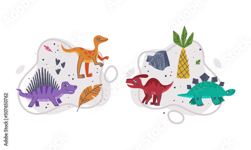 Jurassic Park Composition with Funny Dinosaurs as Cute Prehistoric Creature and Comic Predator Vector Set