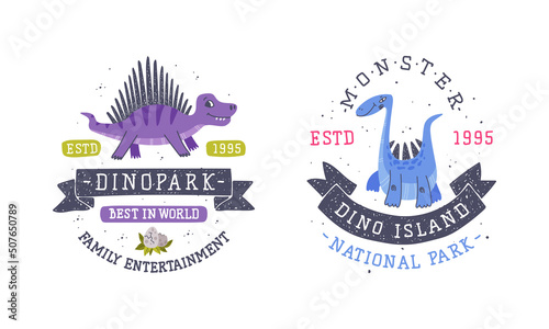 Print op canvas Dino Island and Dino Park Family Entertainment Emblem with Funny Dinosaur and Co