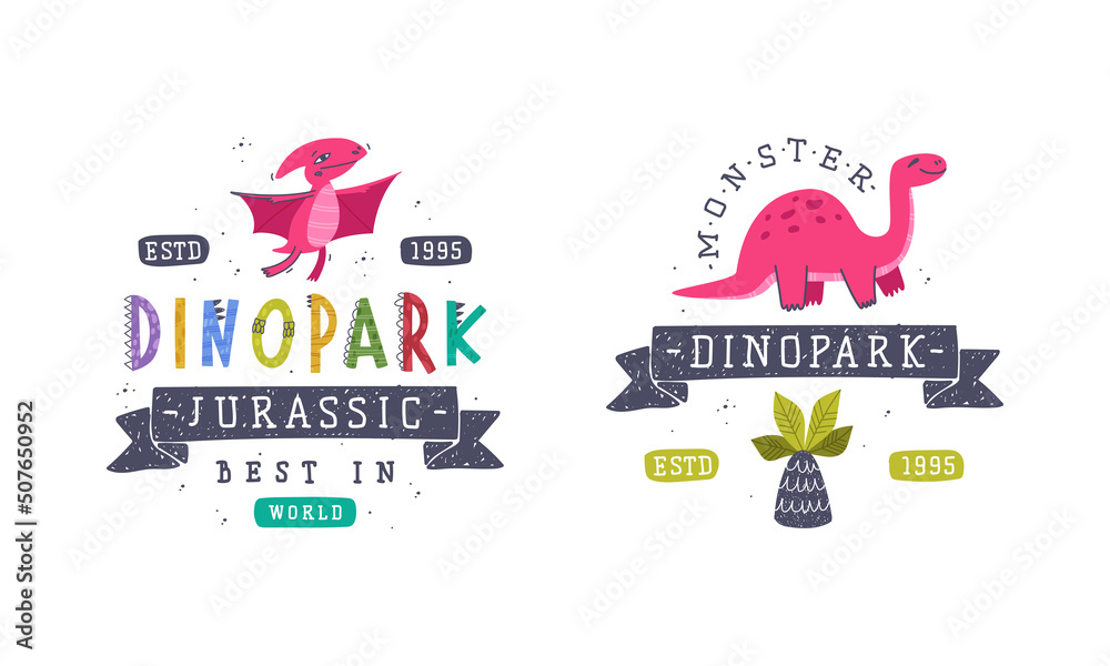 Dino Island and Dino Park Family Entertainment Emblem with Funny Dinosaur and Comic Jurassic Predator Vector Set